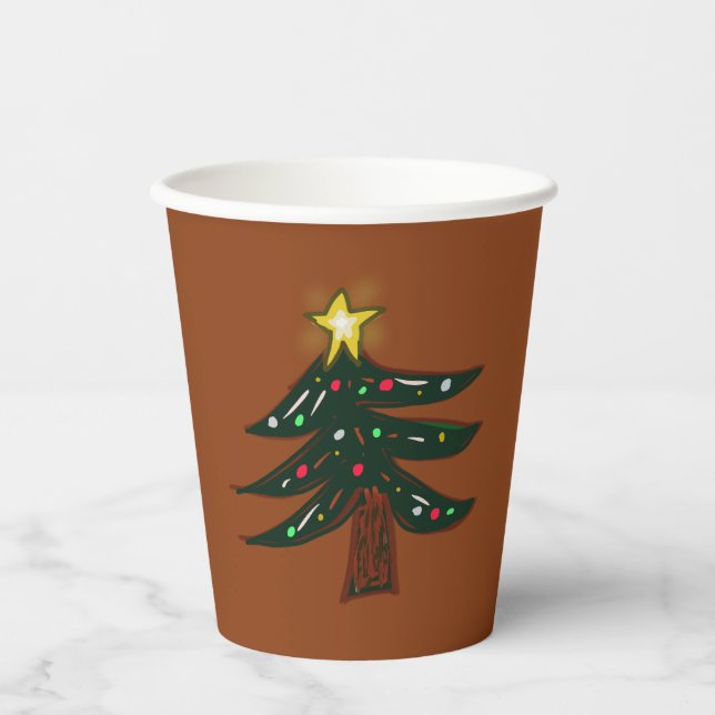 Gobelets En Papier Arbre de Noël Dessiné à la Main Brun  (Recto)
