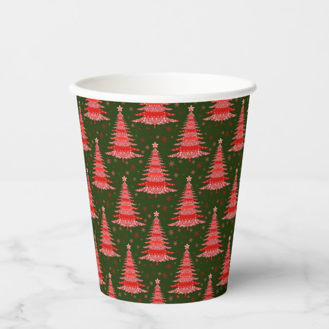 Gobelets En Papier Arbre de Noël Rouge Vert Motif Design (Recto)