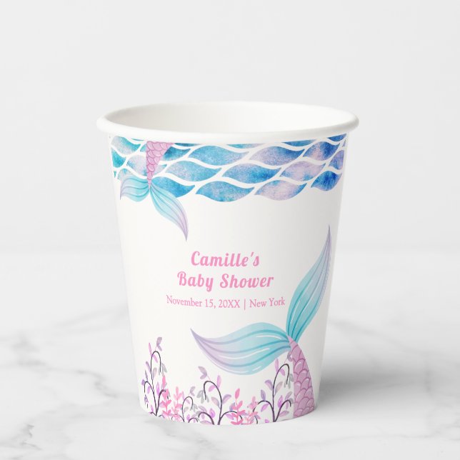 Gobelets En Papier Arc-en-ciel sous la mer Mermaid Tail Baby shower (Recto)