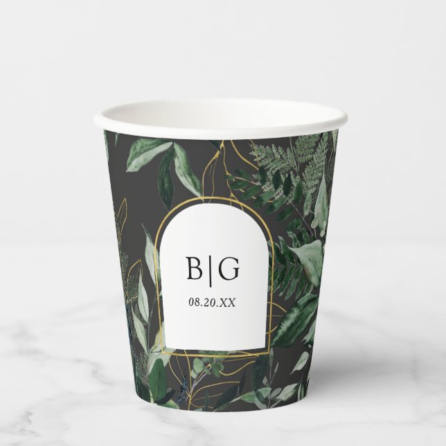 Gobelets En Papier Arc moderne avec mariage aquarelle feuillage (Recto)