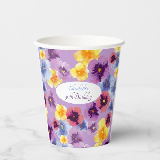 Gobelets En Papier Art de la Pensée Violette Illustrations de fleurs  (Recto)