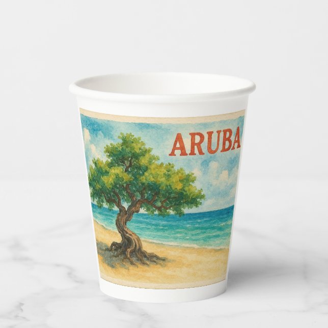 Gobelets En Papier Aruba Divi Tree Eagle Beach aquarelle (Recto)