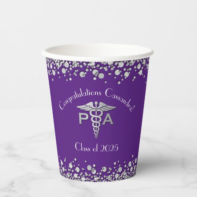 Gobelets En Papier Assistant de médecin PA Diplômé Violet Argent (Recto)