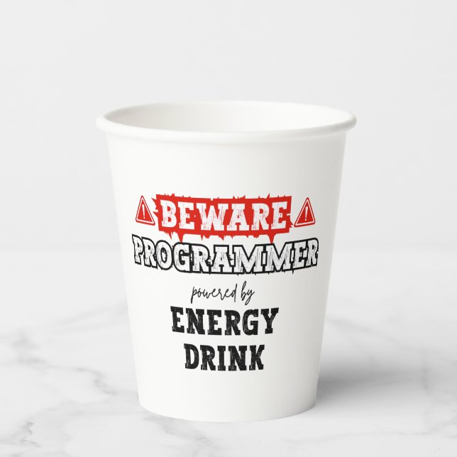 Gobelets En Papier Attention : Programmeur Alimenté Par Une Boisson D (Recto)