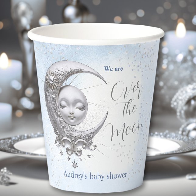 Gobelets En Papier Au-Dessus De La Lune Bleu Baby shower Boy Coupes d (Over The Moon Blue Boy Baby Shower Paper Cups)