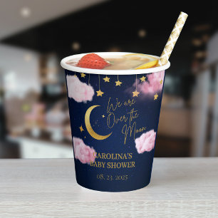 Gobelets En Papier Au-dessus de la Lune étoiles baby shower rose