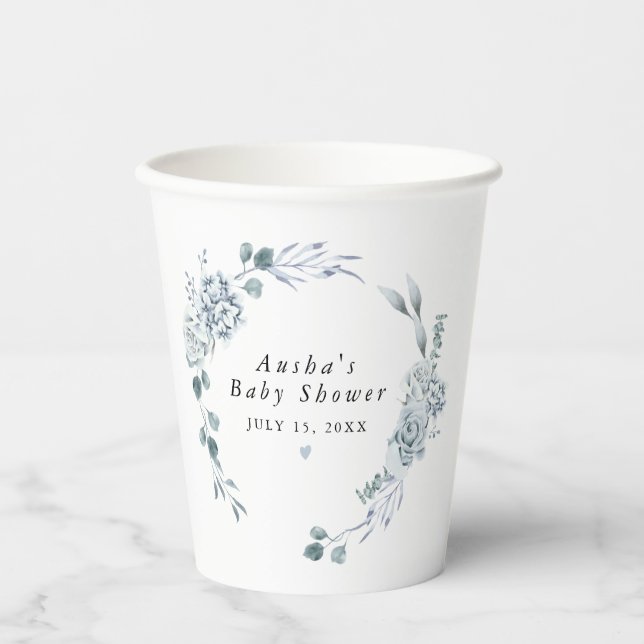 Gobelets En Papier AUSHA Dusty Blue Floral Boy Baby shower (Recto)