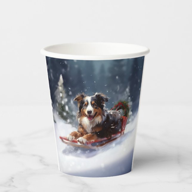 Gobelets En Papier Australian Shepherd hiver neige de Noël (Recto)