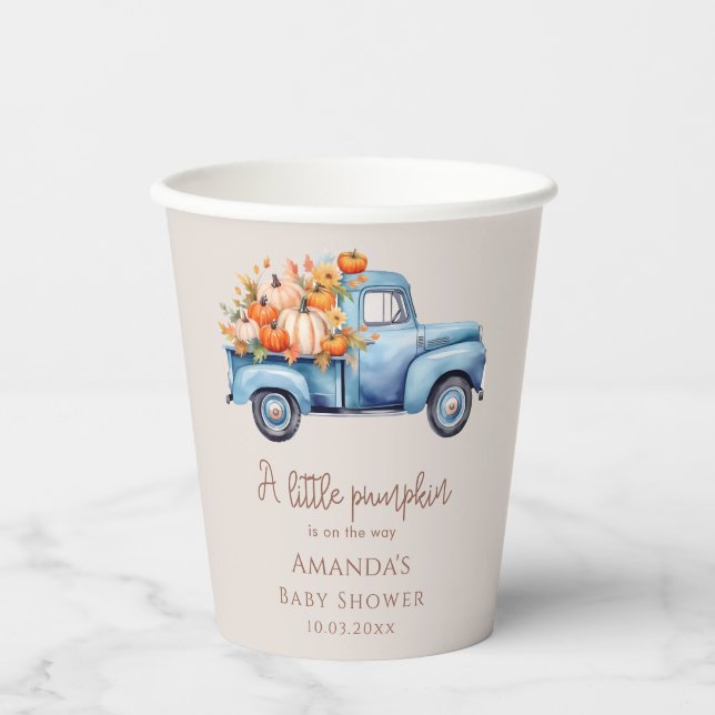 Gobelets En Papier Automne Baby shower Citrouille bleu  camion (Recto)