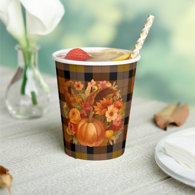 Gobelets En Papier Automne Cornucopia Plaid (Insitu)