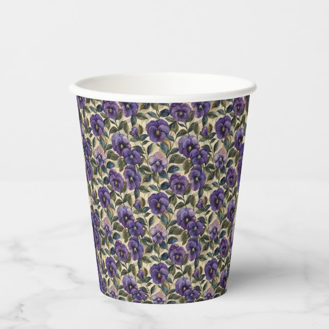 Gobelets en papier aux pensées violettes Vaisselle (Recto)