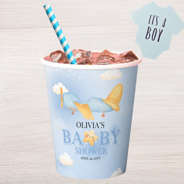 Gobelets En Papier Avion, Nuages & Etoiles, Bleu, Bébé garçon, mignon (Créateur téléchargé)