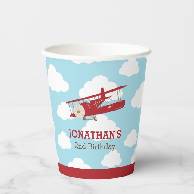 Gobelets En Papier Avion vintage (avion rouge) Anniversaire (Recto)