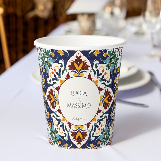 Gobelets En Papier Azulejo bleu méditerranéen mariage imprimé (Azulejo blue colorful Portuguese Morocco Mediterranean wedding monogram printed Cups table decor)