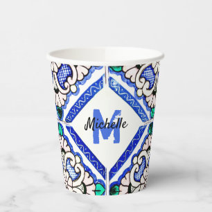 Gobelets En Papier Azulejo Motif espagnol Carreaux marine Monogramme