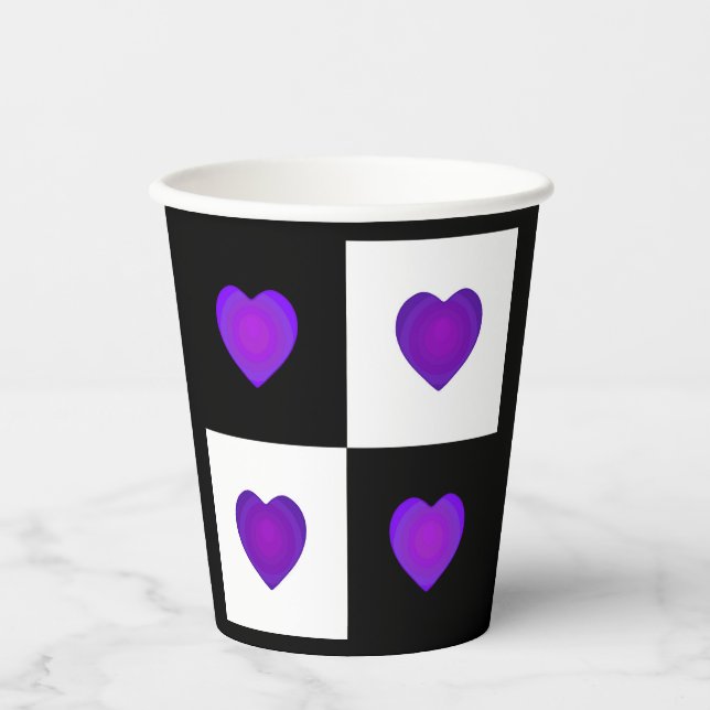 Gobelets En Papier B&W Purple Hearts Beating (Recto)