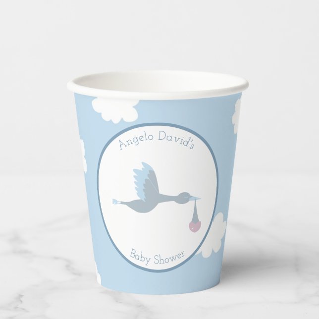 Gobelets En Papier Baby Boy Stork Ciel bleu et nuages (Recto)