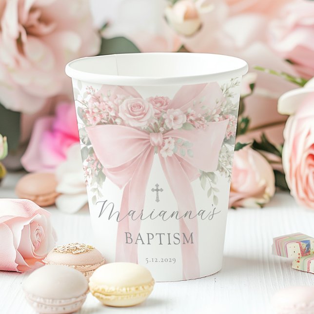 Gobelets En Papier Baby Girl Baptism Floral Blush Pink Bow (Créateur téléchargé)