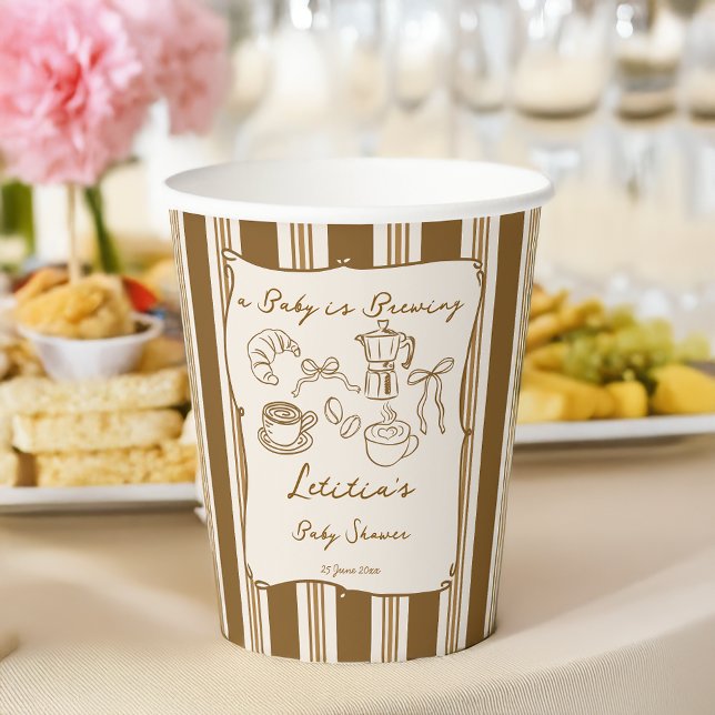 Gobelets En Papier Baby is brewing retro coffee baby shower custom (Baby is brewing retro brown stripes  coffee baby shower brunch custom paper cups personalized decor)