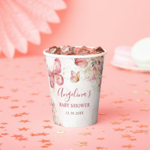 Gobelets En Papier Baby shower à papillon rose boho