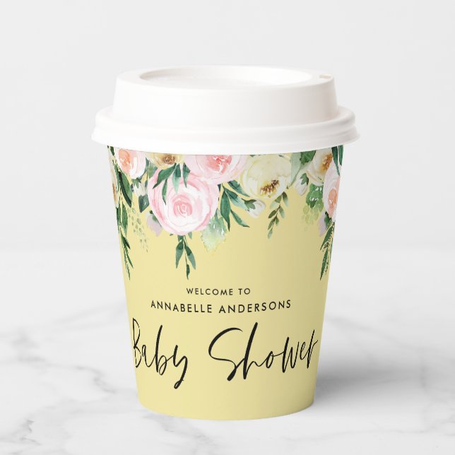 Gobelets En Papier Baby shower aquarelle citron rose floral script (Recto)