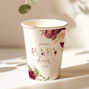 Gobelets En Papier Baby shower automnal burgundy floral