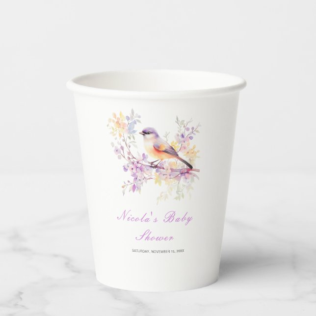 Gobelets En Papier Baby shower aux oiseaux mignons de printemps (Recto)