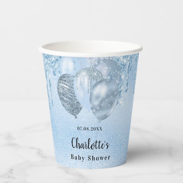 Gobelets En Papier Baby shower bleu clair garçon goutte ballons (Recto)