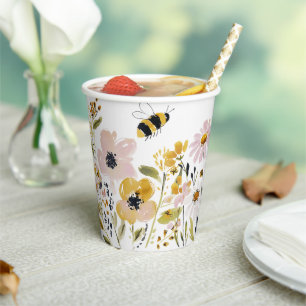 Gobelets En Papier Baby Shower Bohème Abeille à Miel et Fleurs Sauvag