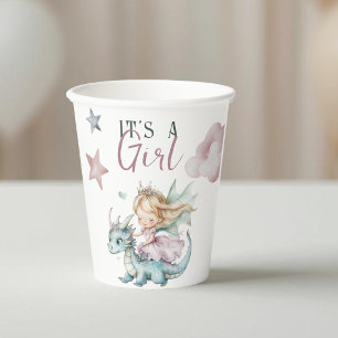 Gobelets En Papier Baby Shower Conte de Fées Dragon Rose Princesse
