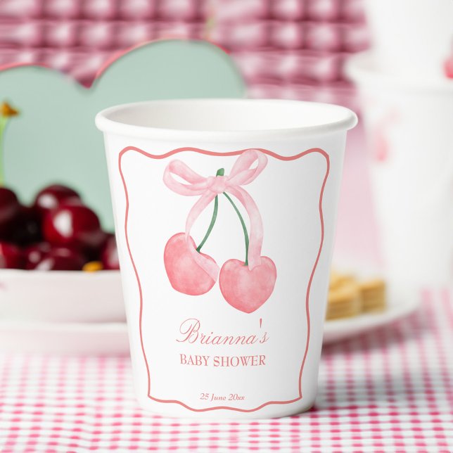 Gobelets En Papier Baby shower coquette rose cerise (Cherry pink coquette baby shower personalized paper cups summer fruit baby shower table decor)