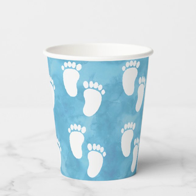 Gobelets En Papier Baby shower d'aquarelle bleu Motif d'empreinte (Verso)