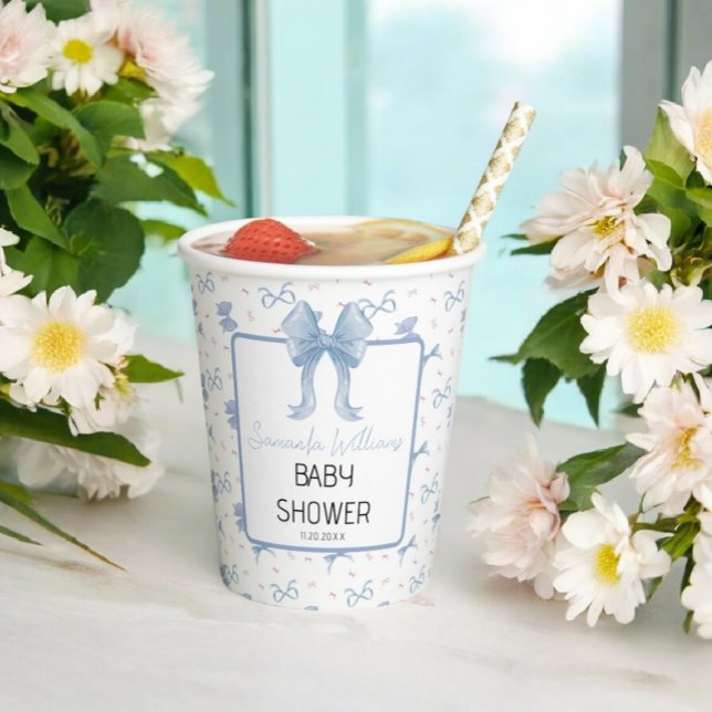 Gobelets En Papier Baby shower d'aquarelle Blue Bow (Créateur téléchargé)