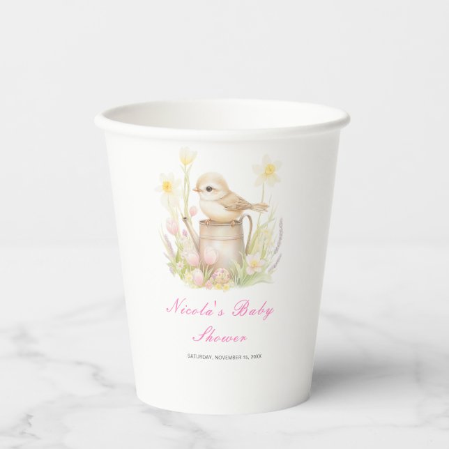 Gobelets En Papier Baby shower d'arrosage des oiseaux de printemps (Recto)