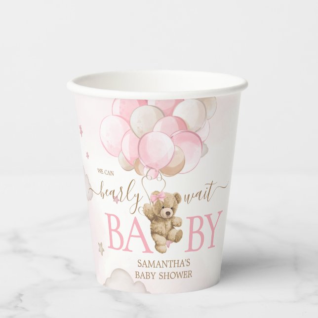 Gobelets En Papier Baby shower de ballon d'ours rose Boho (Recto)