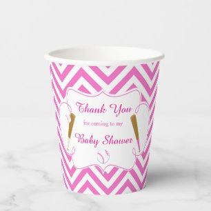 Gobelets En Papier Baby shower de baseball rose et blanc