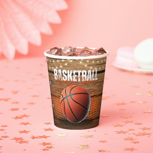 Gobelets En Papier Baby shower de basket-ball orange rustique (Insitu)