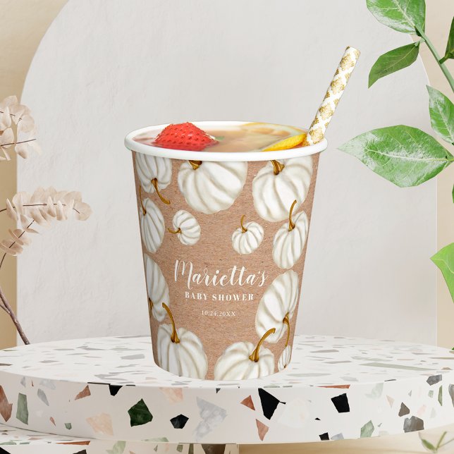 Gobelets En Papier Baby shower de chute blanc Little citrouille (White Little pumpkin kraft fall baby shower Paper Cups)