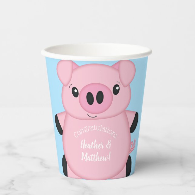 Gobelets En Papier Baby shower de cochon bleu (Recto)