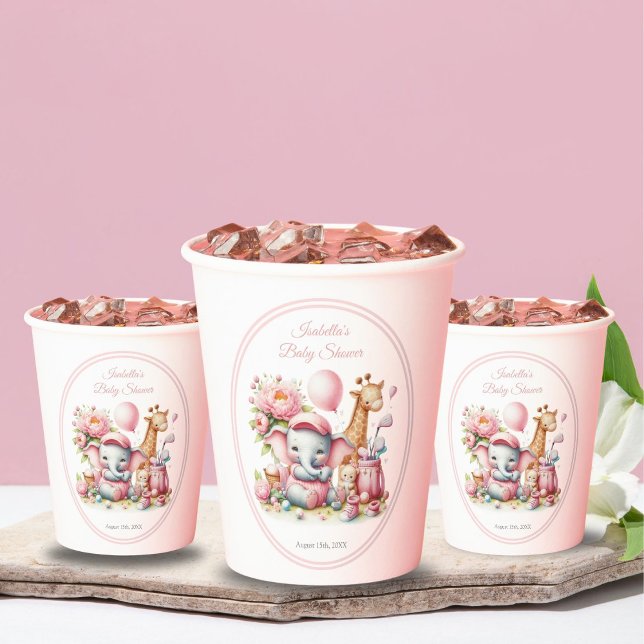 Gobelets En Papier Baby shower de golf Pink Baby Girl Elephant & Gira (Créateur téléchargé)