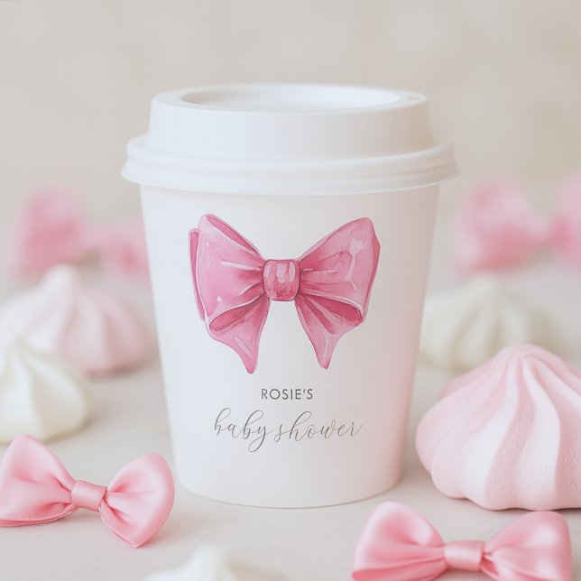 Gobelets En Papier Baby shower de la corbeille rose (Girly Pink Watercolor Bow Baby Shower Paper Cups)