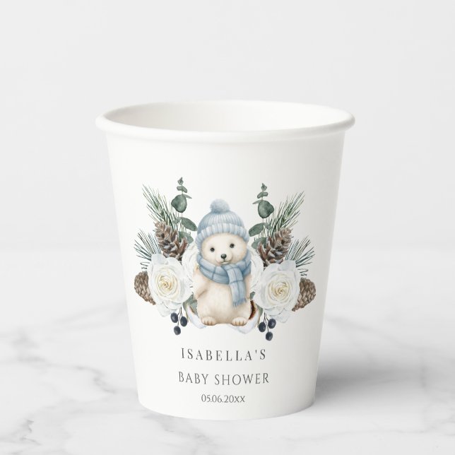 Gobelets En Papier Baby shower de l'ours polaire d'hiver (Recto)