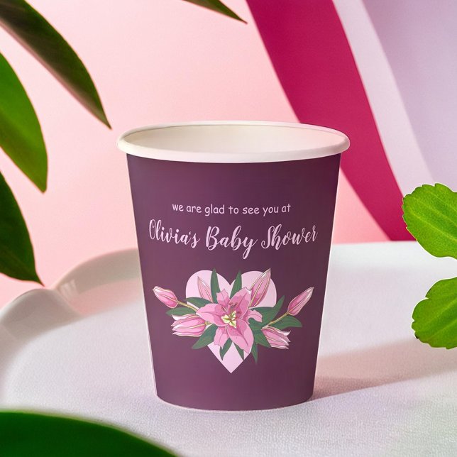 Gobelets En Papier Baby shower de Lys en floraison violette profonde (Deep Purple Blooming Lilies Baby Shower Paper Cups)