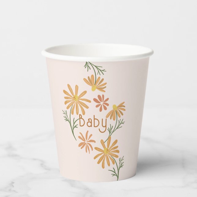 Gobelets En Papier Baby shower de marguerites orange et jaune (Recto)