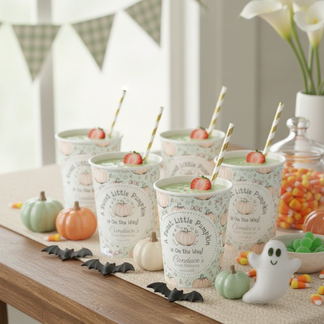 Gobelets En Papier Baby shower de petit Citrouille neutre pour le gen (Cute Pastel Green Little Pumpkin Fall or Halloween Baby Shower Party Paper Cups. Gender Neutral )