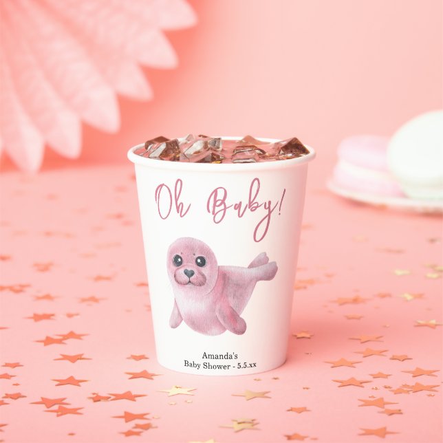 Gobelets En Papier Baby shower de phoque rose (Insitu)
