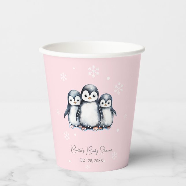 Gobelets En Papier Baby shower de pingouin de flocon d'hiver (Recto)