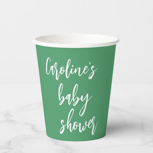 Gobelets En Papier Baby shower de script moderne Custom Kelly Green (Recto)