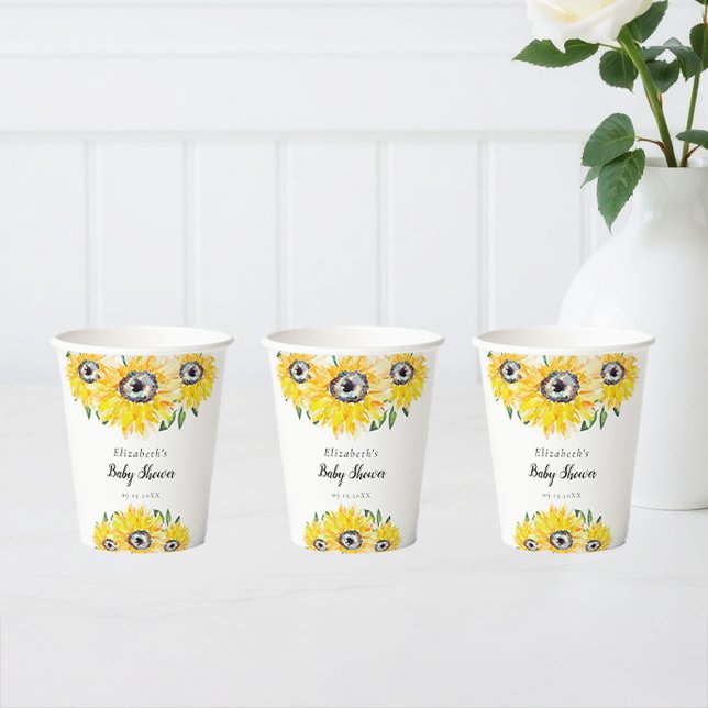 Gobelets En Papier Baby shower de tournesol Floral rustique (Créateur téléchargé)