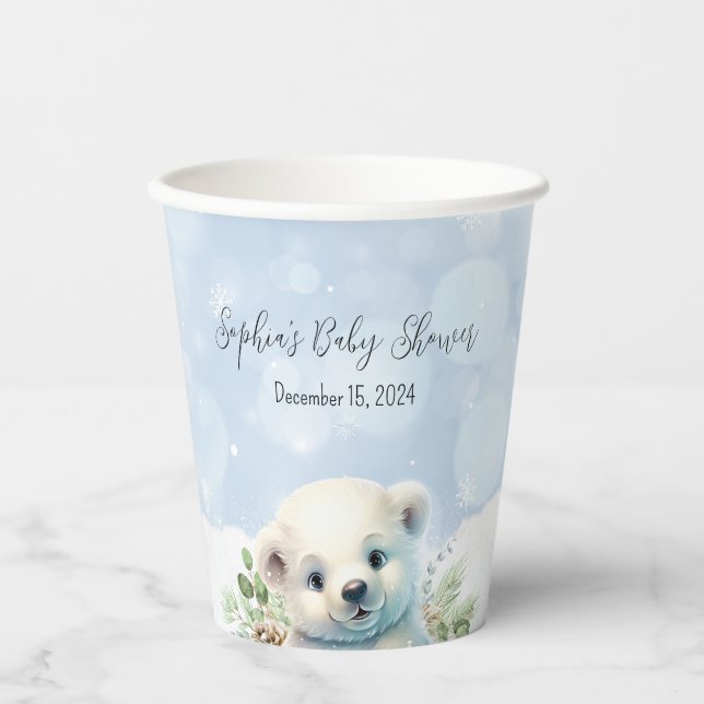 Gobelets En Papier Baby shower d'hiver bleu Ours polaire (Recto)